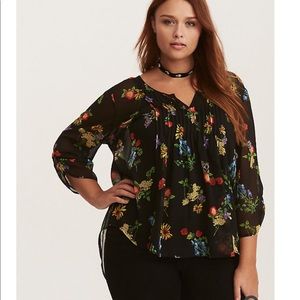 Torrid Black Floral Chiffon Pintuck Top